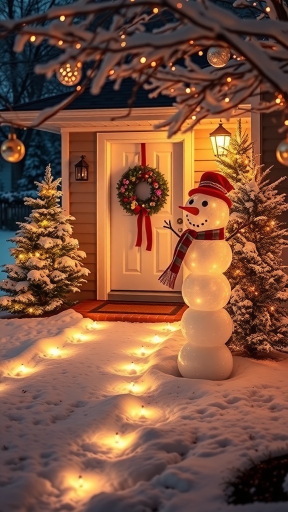 Outdoor Christmas decorations including lights, wreath, and snowman in a snowy yard.